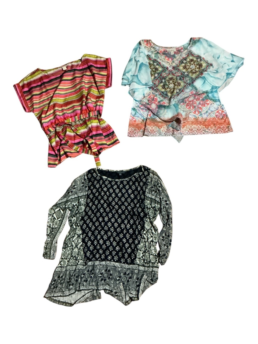 Lucky Brand Trio of Women's Tops - Pink Stripe, Aqua Floral, Black Paisley